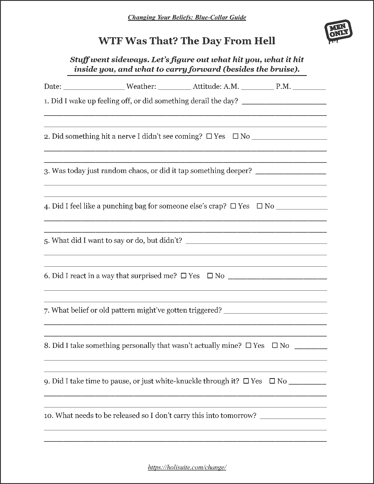 Journal worksheet for processing emotional chaos after a rough day. Built for men navigating mental and emotional overload.